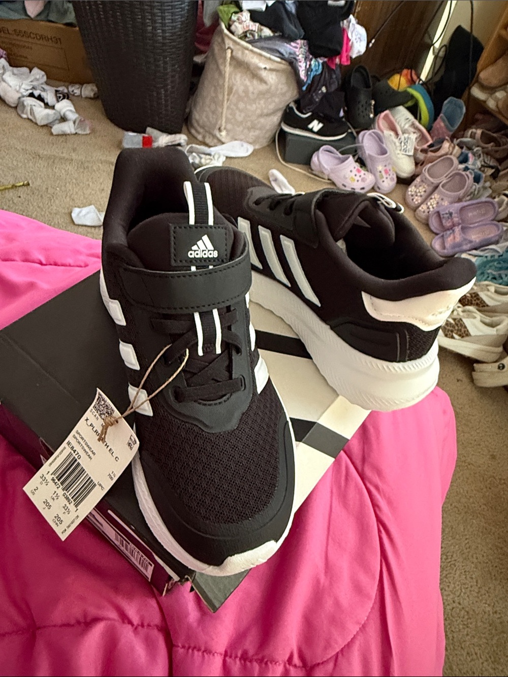 adidas Kids Black and White Athletic Sneakers with Hook-and-Loop Strap